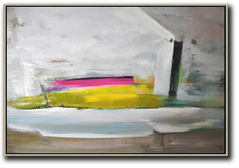 Large Contemporary Art Acrylic Painting,Horizontal Palette Knife Contemporary Art,Acrylic On Canvas Abstract,Grey.Yellow,Pink.etc